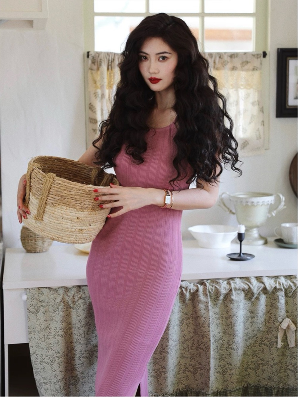 Sleeveless Ribbed Bodycon Dress in Dusty Rose